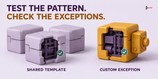 Diagram comparing a shared template pattern with a custom exception during technical SEO QA.