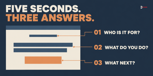 Five seconds, three answers: a landing page with who it is for, what you do and what comes next
