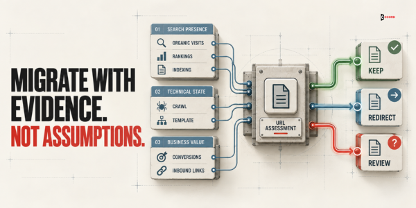 Search presence, technical state, and business value signals feed a URL assessment with keep, redirect, or review outcomes.