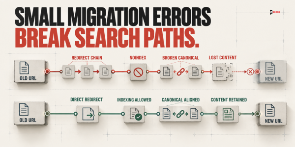 Broken migration paths with redirect chains, noindex, broken canonicals, and lost content compared with a corrected path.