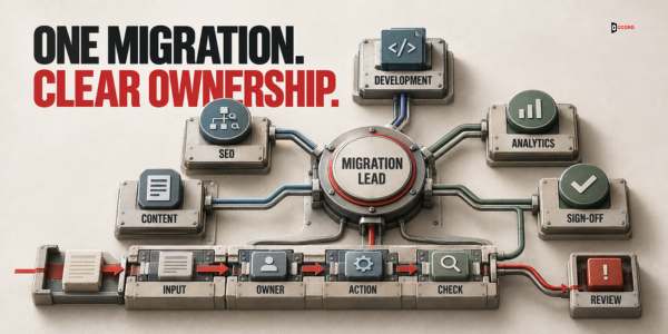 A migration lead coordinates SEO, development, content, analytics, sign-off, and a workflow from input through review.