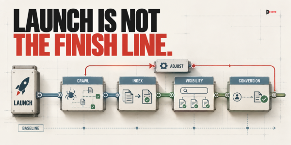 Post-launch monitoring tracks crawl, index, visibility, and conversion signals through an adjust-and-review loop.