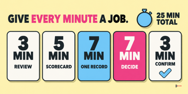 Give every minute a job: 3 minutes review, 5 scorecard, 7 one record, 7 decide, 3 confirm, 25 minutes in total