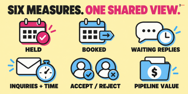 Six measures, one shared view: meetings held, booked, waiting replies, inquiries and time, accepted and rejected leads, pipeline value